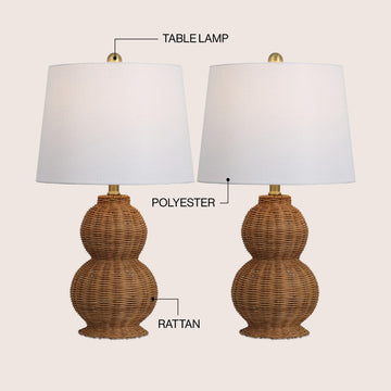 Millie 23" Modern Coastal Woven Rattan Gourd LED Table Lamp, Set of 2